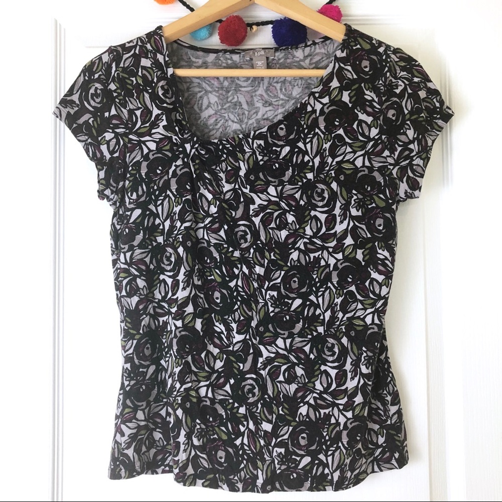 J. Jill Abstract Floral Purple Black White Top